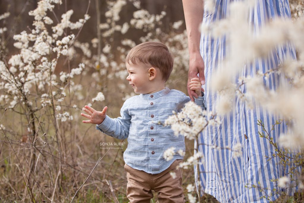 Kind hält die Hand der Mutter inmitten blühender Schlehen – natürliche Familienfotografie Stuttgart.